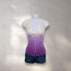 Y2K XOXO Ombre Purple White Ruched Sleeveless Button-Up Blouse